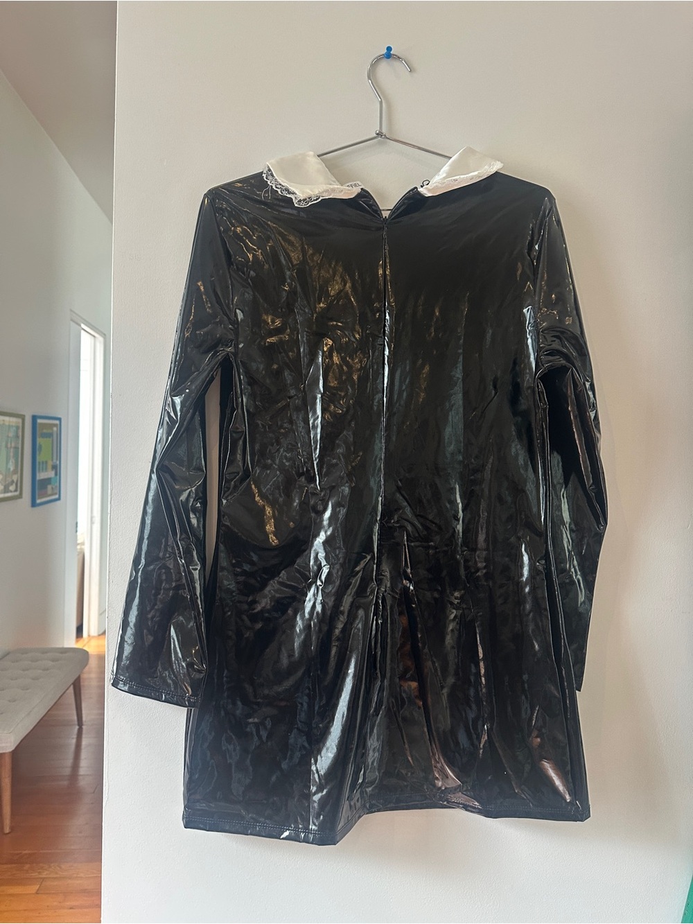 Black Faux Leather Mini Dress with White Collar